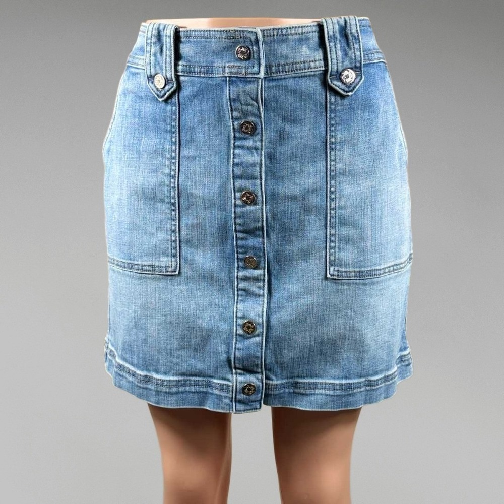 White House Black Market Blue Denim Button Front Mini Skirt Size 12 Utility